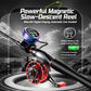Red and black magnetic fishing reel mounted on a black fishing rod