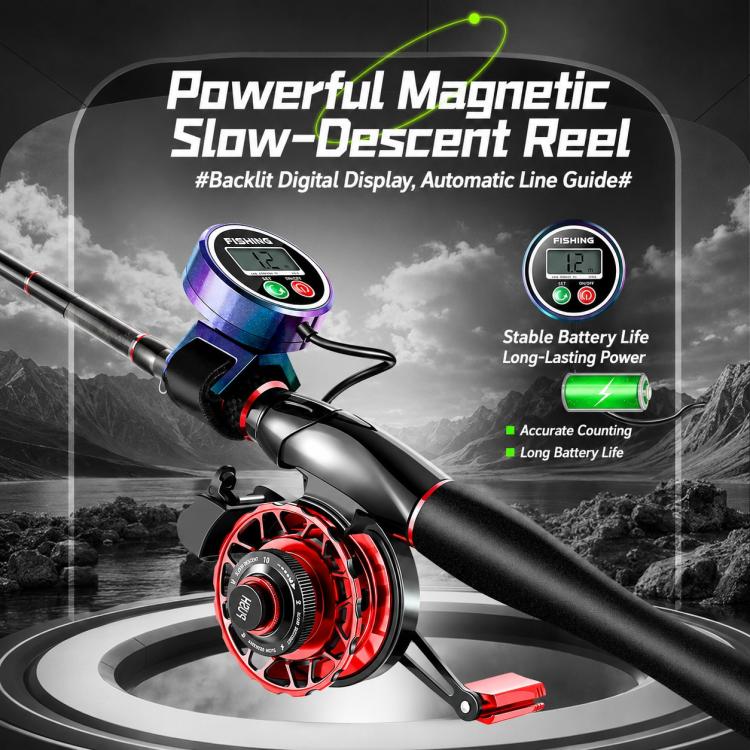 Red and black magnetic fishing reel mounted on a black fishing rod