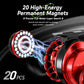 Red and black fishing reel with magnet system illustration and 20 high-energy magnets