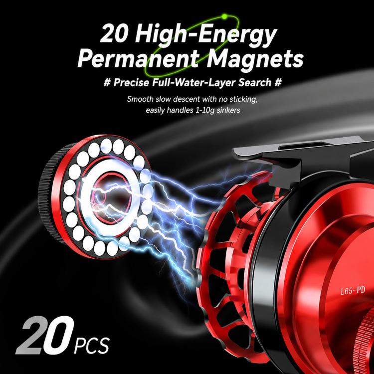 Red and black fishing reel with magnet system illustration and 20 high-energy magnets