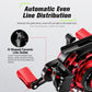 Side view of red and black fishing reel showing line outlet and even line distribution