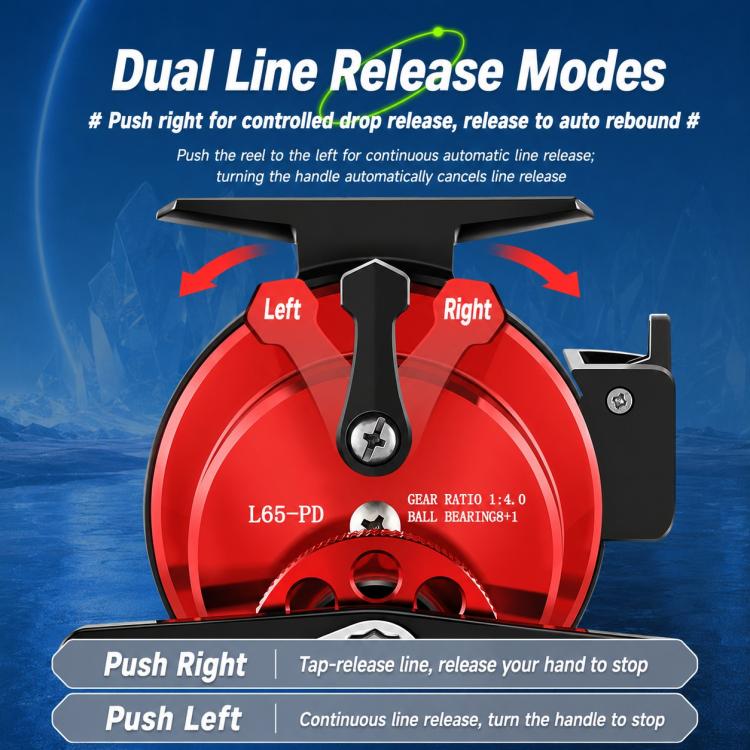 Red fishing reel with dual line release modes and push-right or push-left handle