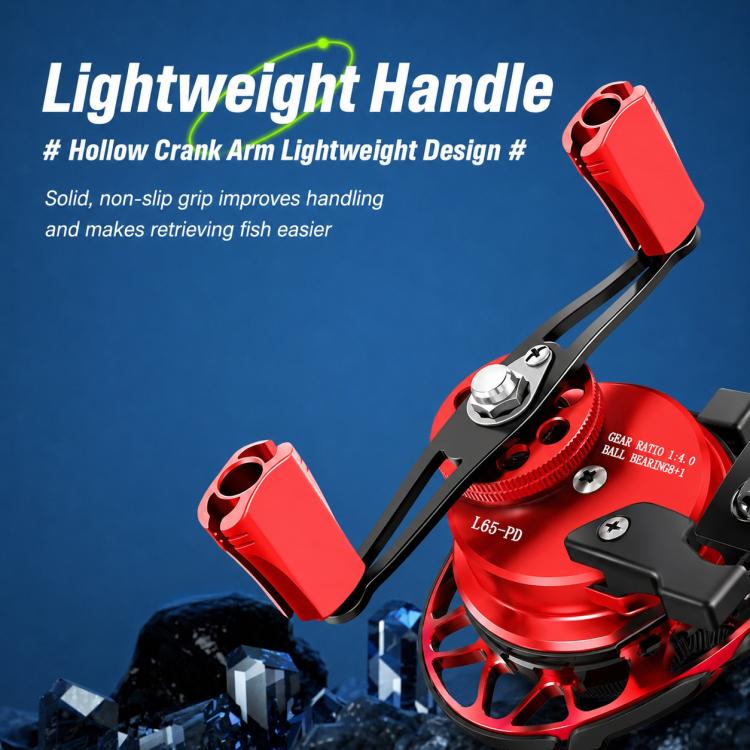 Red and black fishing reel with lightweight handle and hollow crank arm design