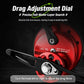 Red saltwater fishing reel with drag adjustment dial and line guide arm