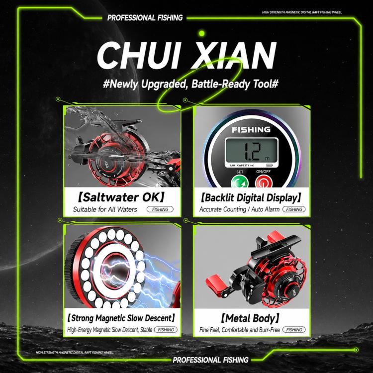 Digital display and red magnetic fishing reel shown together on a promotional graphic