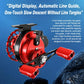 Red and black slow descent raft fishing reel with automatic line guide and handle