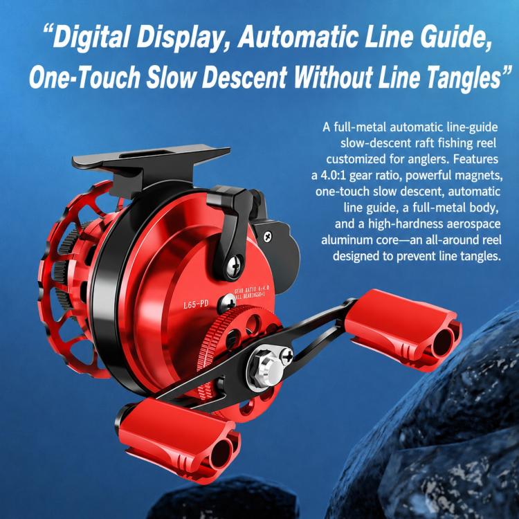 Red and black slow descent raft fishing reel with automatic line guide and handle