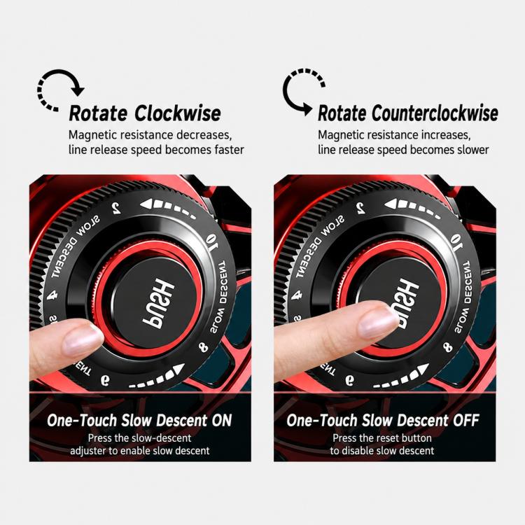 Close-up dial on red and black fishing reel showing clockwise and counterclockwise settings