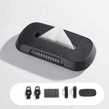 Car Tissue Box with Temporary Parking Phone Number Card, Suede Reflective
