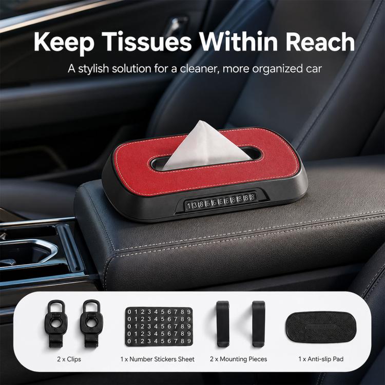 Car Tissue Box with Temporary Parking Phone Number Card, Suede Reflective