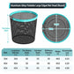 Round foldable landing net head with teal rim and black mesh, size chart
