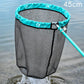 Round landing net with turquoise rim, black mesh bag, extendable handle, 45 cm