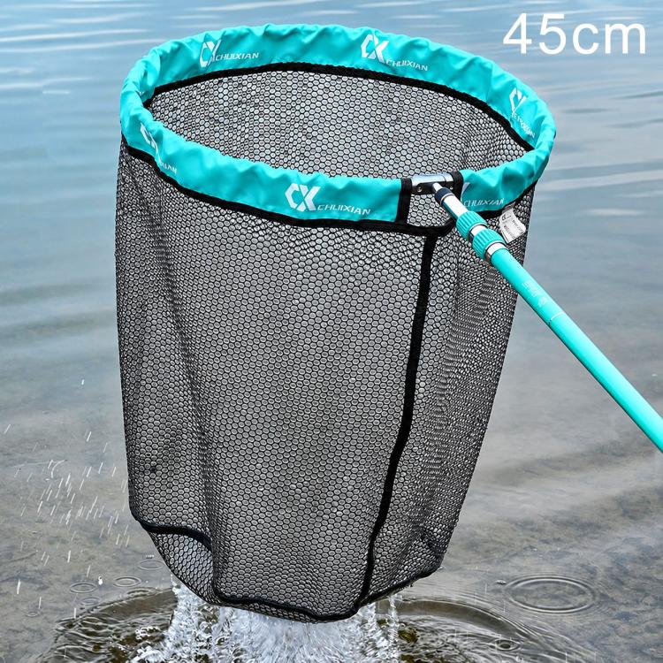 Round landing net with turquoise rim, black mesh bag, extendable handle, 45 cm