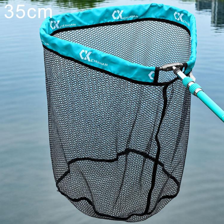 Round landing net with black mesh and turquoise rim, 35 cm, water-ready handle