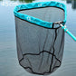 Round landing net with black mesh and turquoise rim, 45 cm, water-ready handle