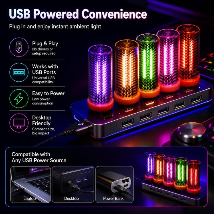 USB-powered LED atmosphere light bar with multicolor glowing cylinders and USB ports