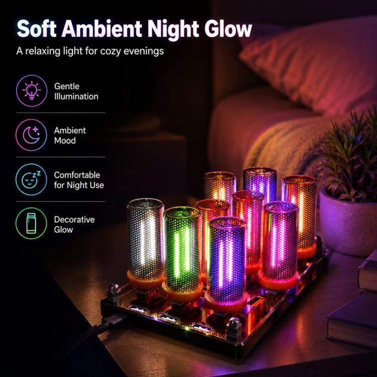 USB LED atmosphere light bar with glowing multicolor cylinders on a bedside table