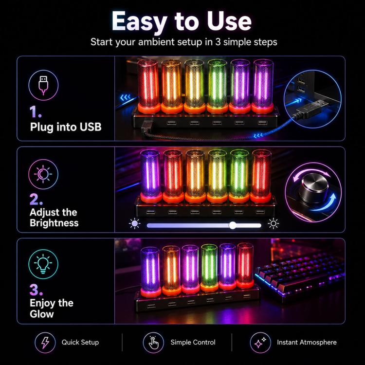 USB LED atmosphere light bar with brightness control and multicolor glowing cylinders