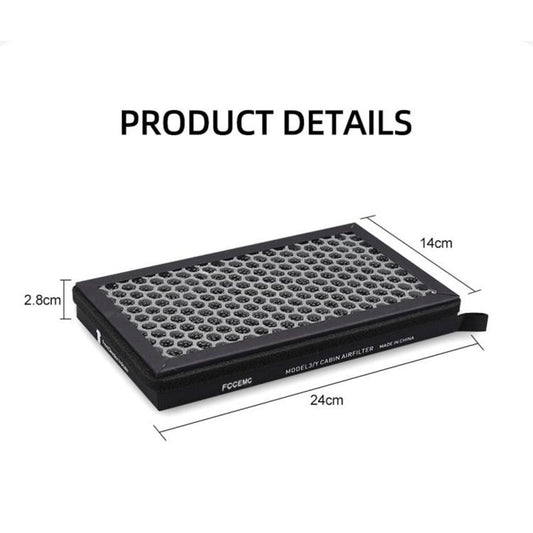 Rectangular cabin air filter element with black frame and honeycomb surface