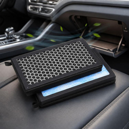 Cabin air filter element with black honeycomb mesh and blue filter layer