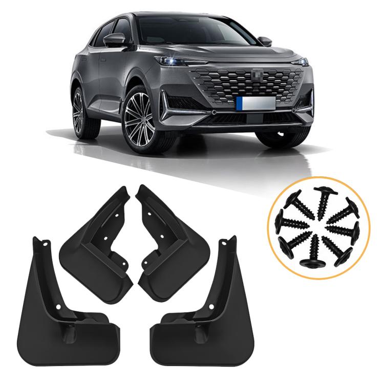 Black car wheel splash flap set with mounting tabs and included screws, 4-piece