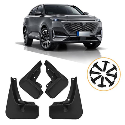 Black car wheel splash flap set with mounting tabs and included screws, 4-piece