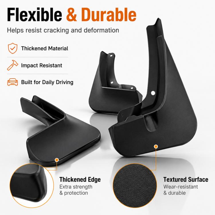 Black flexible wheel splash flaps with textured surface and thickened edges, 4-piece