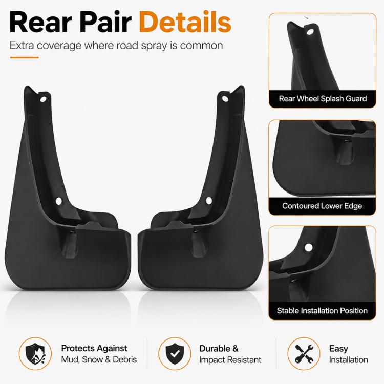 Black rear wheel splash guards with contoured lower edge and mounting holes
