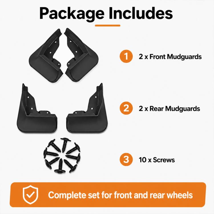 4-piece wheel mudguard package: front and rear flaps plus 10 screws