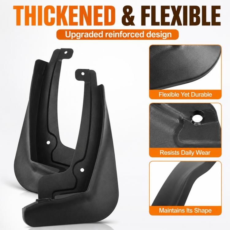 Black flexible mud flaps for car fenders, two-piece shown with mounting holes