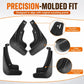 Black mud flap set with contoured shape and mounting points, four guards