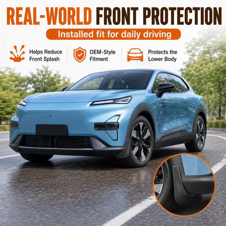 Front car mud flap splash guards set, black fender guards shown on vehicle