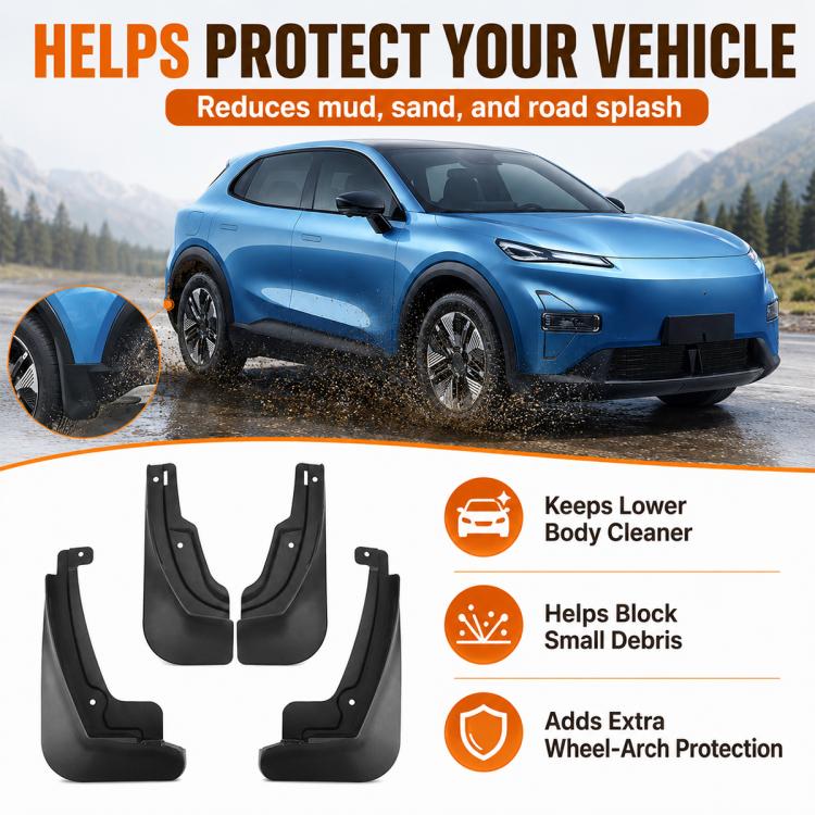 Car mud flap splash guards set in black, shown with front fitment