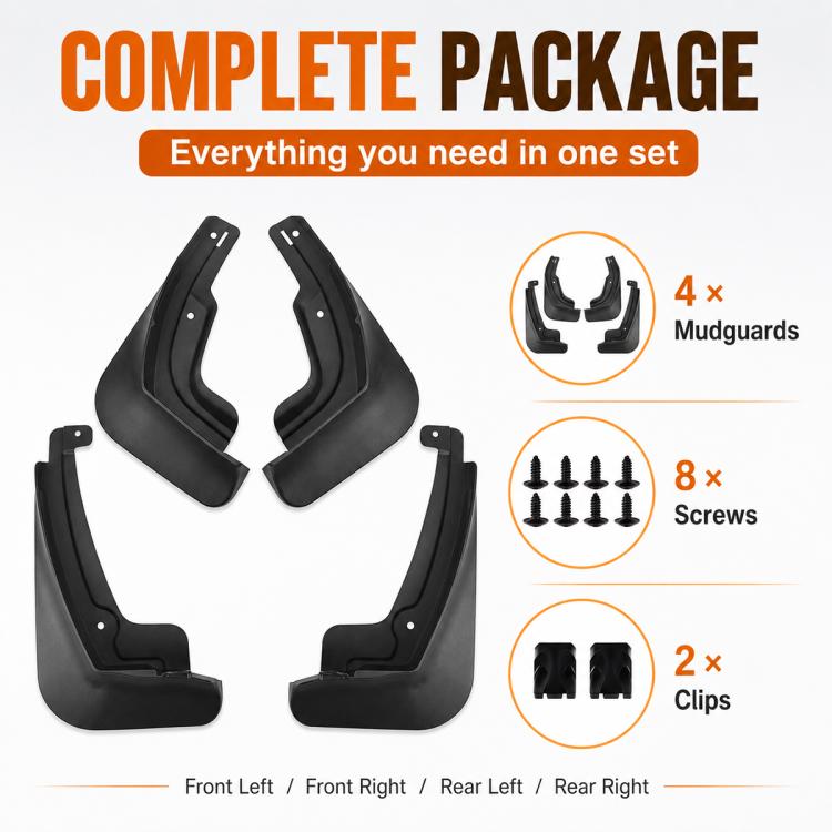 Black mudguard kit with four flaps plus screws and clips for mounting