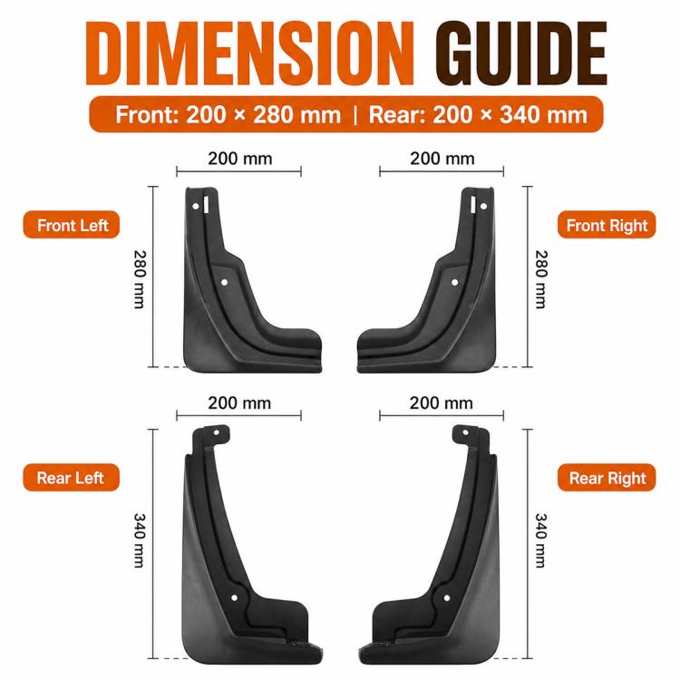 Black mud flaps set with front and rear shapes, molded guards with holes