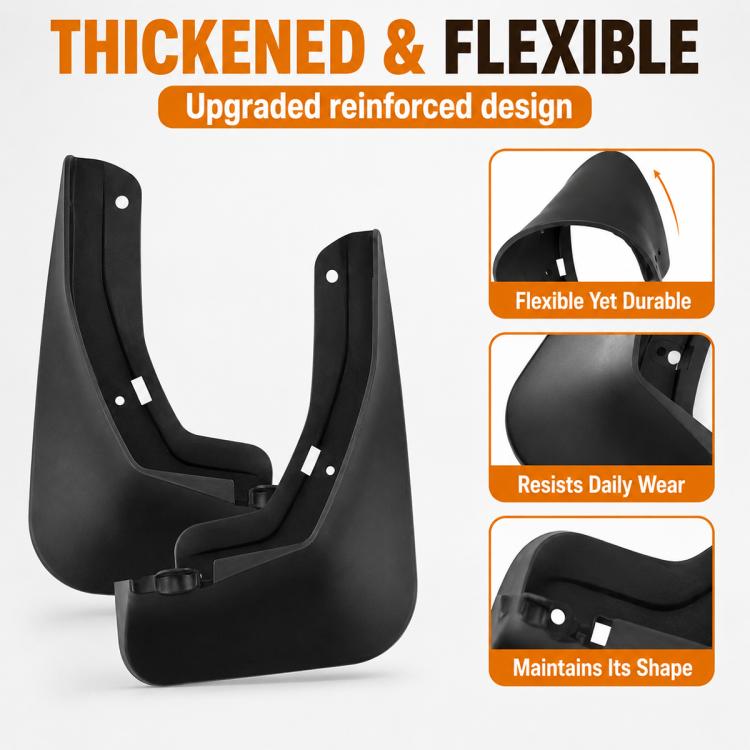 Black flexible car mud flaps with reinforced, durable design detail