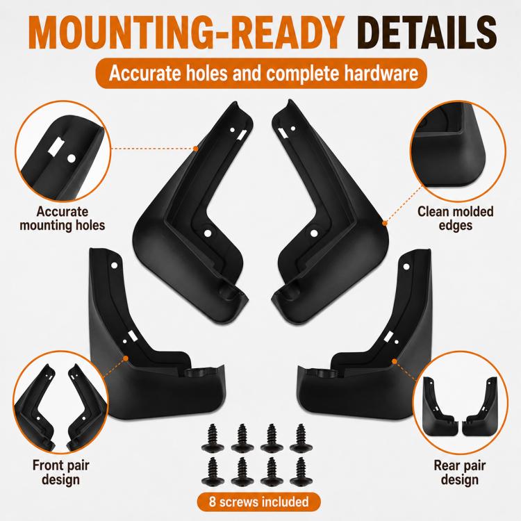 Black car mud flaps with accurate mounting holes and molded edges
