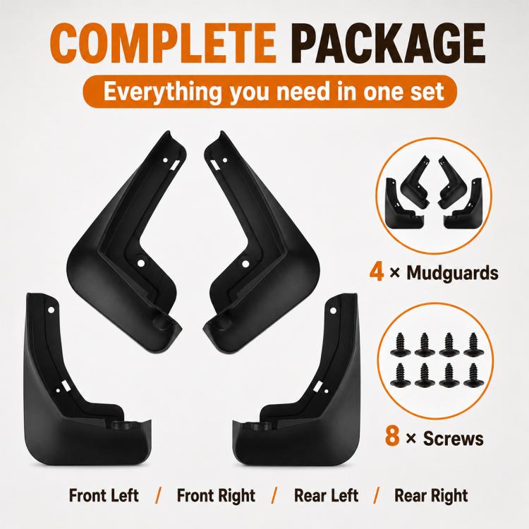Complete package of four black mud flaps with screws shown