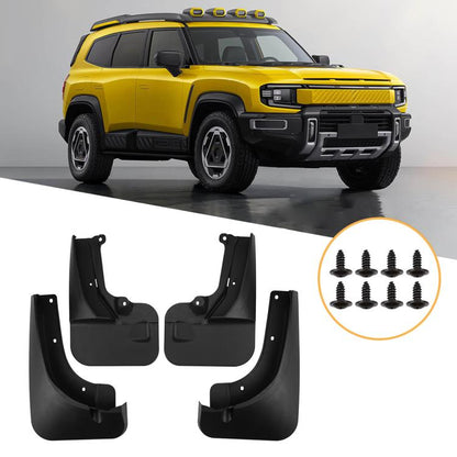 Set of black front and rear car splash flap guards with mounting holes