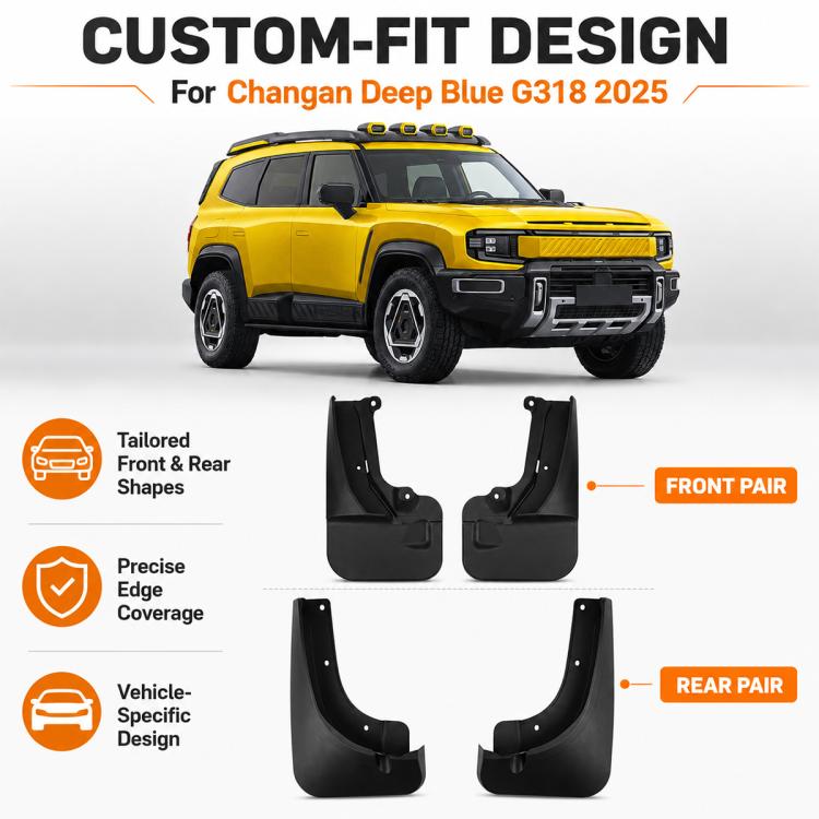 Black splash flap guard set showing front and rear pairs with mounting tabs
