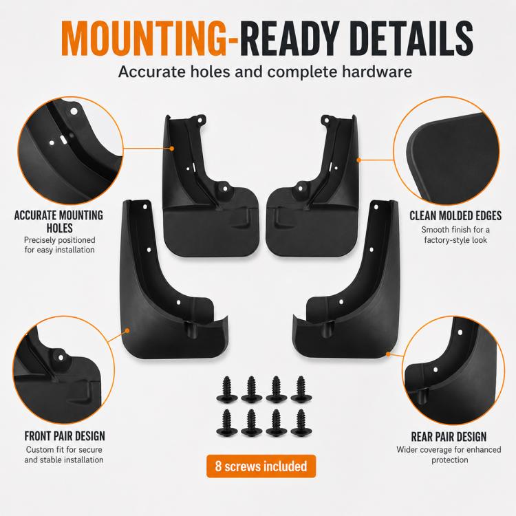 Black splash flap guards with included screws and clean molded edges