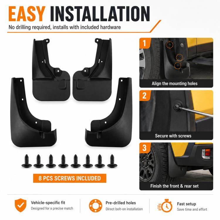 Black splash flap guards set with 8 screws and bolt-ready mounting holes