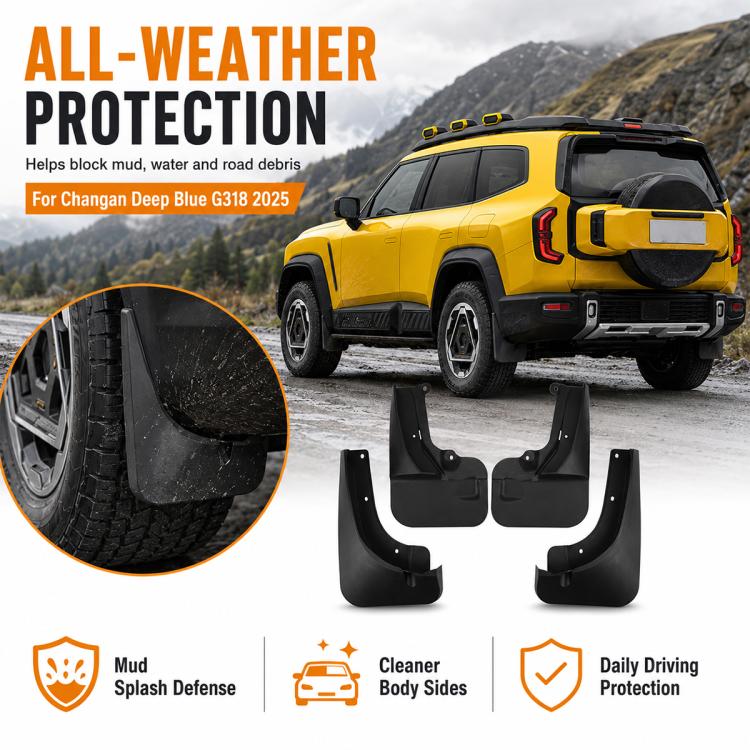 Black front and rear splash flap guards for wheel protection, molded shape
