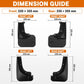 Black left and right front and rear splash flap guards with size guide layout