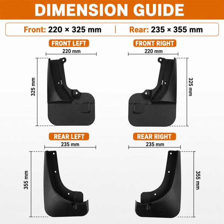 Black left and right front and rear splash flap guards with size guide layout