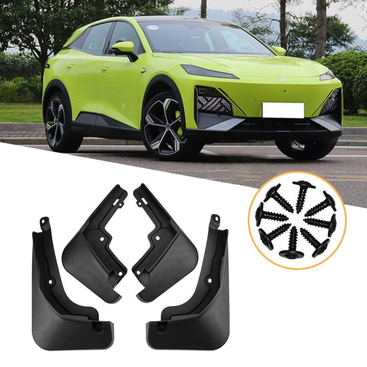 Set of black car splash flaps with mounting hardware, left and right pieces