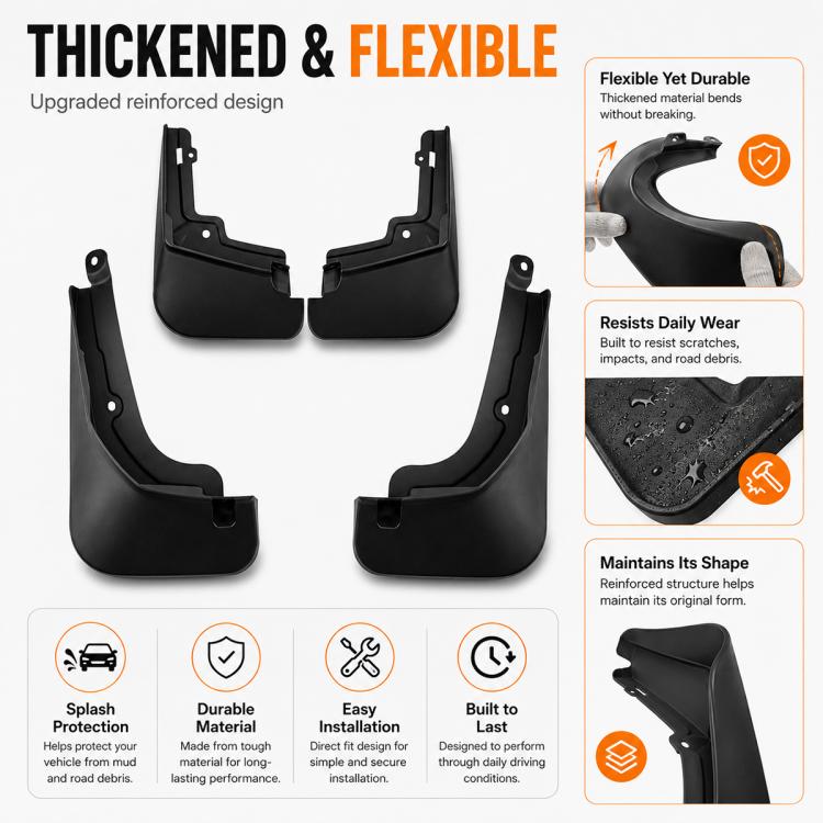 Thickened black front and rear splash flaps with reinforced flexible design