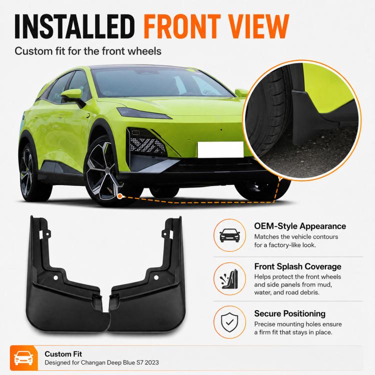 Installed front splash flaps, OEM-style black guards for wheel coverage