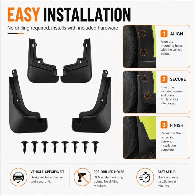 Splash flaps installation kit with four guards and included screws