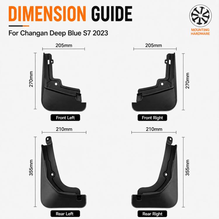 Black splash flaps dimension guide, front left/right and rear left/right